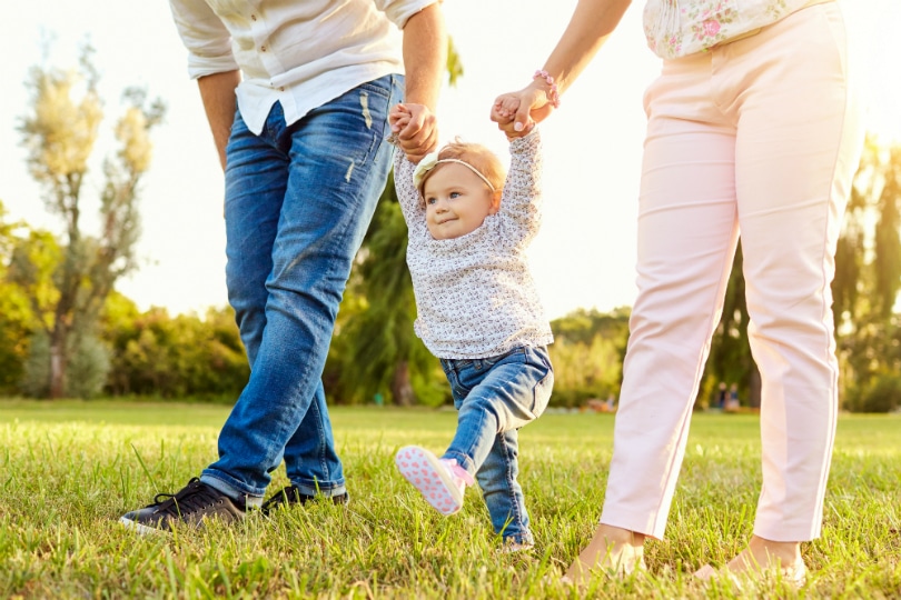 Baby walking with parents in grass