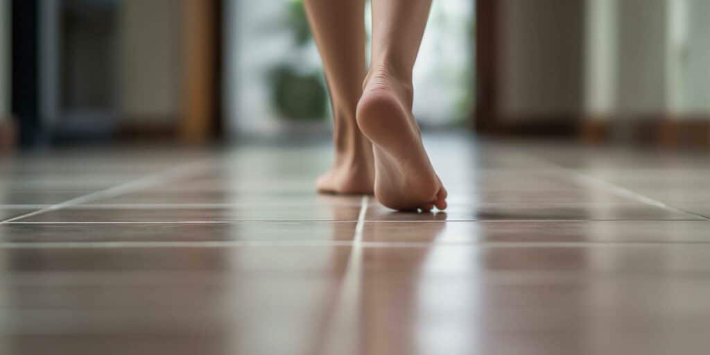 Woman walking barefoot indoors without heel pain